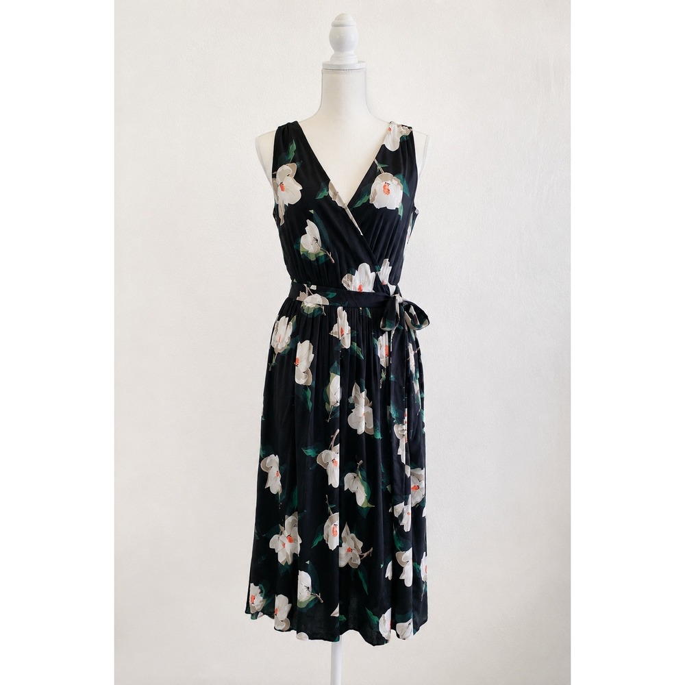 Banana Republic Sleeveless V Neck Magnolia Floral Midi Wrap Dress Black Size 8